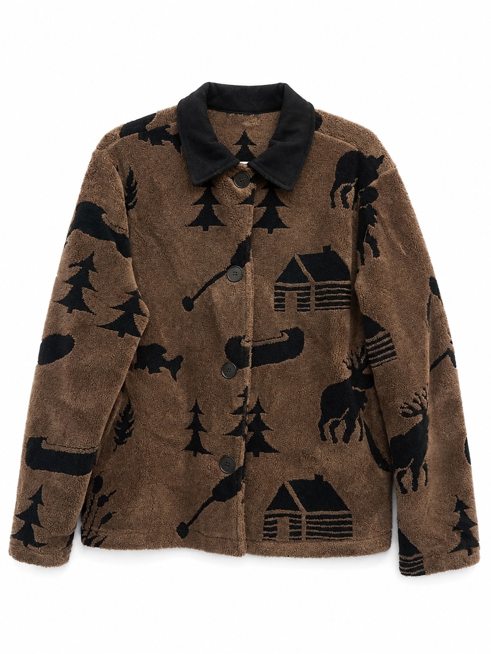 Vintage Lodge Cabin Moose Canoe Fleece Jacket Chenille Print Button Front Size L